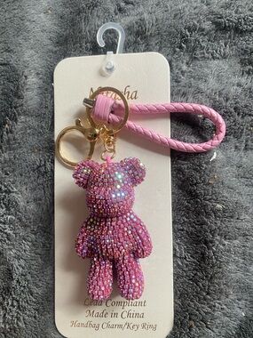 BNWT Natasha Couture Light Pink Bear Keychain with Gold Accents $58